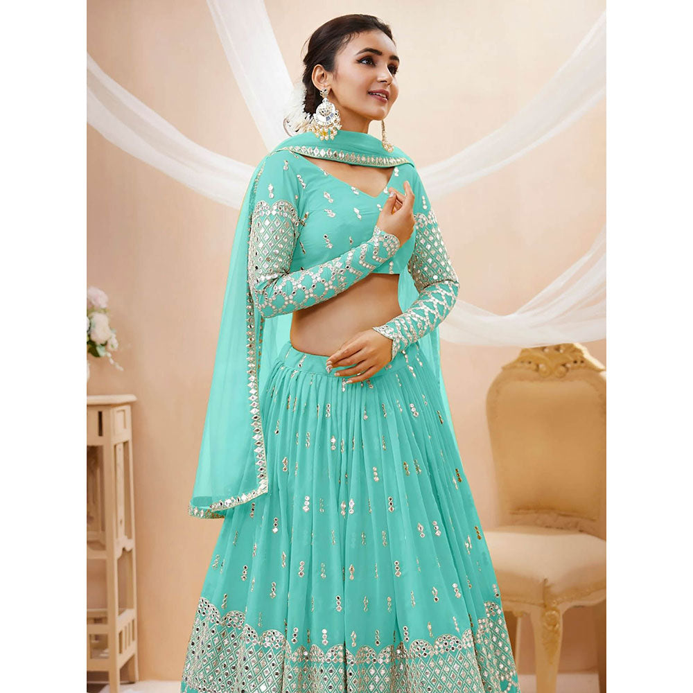 Odette Light Blue Embroidered Semi Stitched Lehenga with Unstitched Blouse and Dupatta (Set of 3)