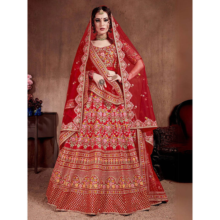 Odette Red Silk Blend Embroidered Semi Stitched Lehenga with Blouse and Dupatta (Set of 4)