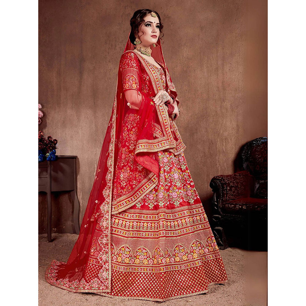 Odette Red Silk Blend Embroidered Semi Stitched Lehenga with Blouse and Dupatta (Set of 4)