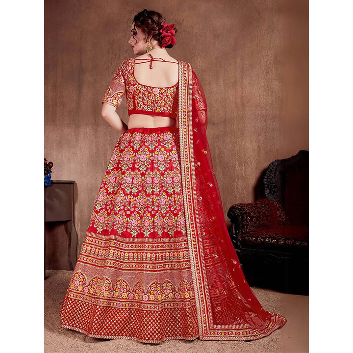 Odette Red Silk Blend Embroidered Semi Stitched Lehenga with Blouse and Dupatta (Set of 4)