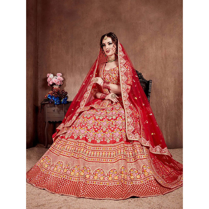 Odette Red Silk Blend Embroidered Semi Stitched Lehenga with Blouse and Dupatta (Set of 4)