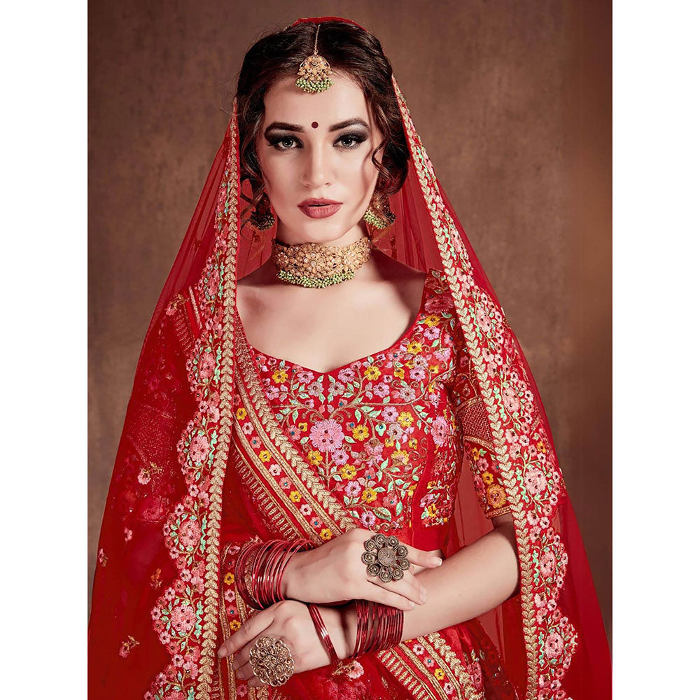 Odette Red Silk Blend Embroidered Semi Stitched Lehenga with Blouse and Dupatta (Set of 4)