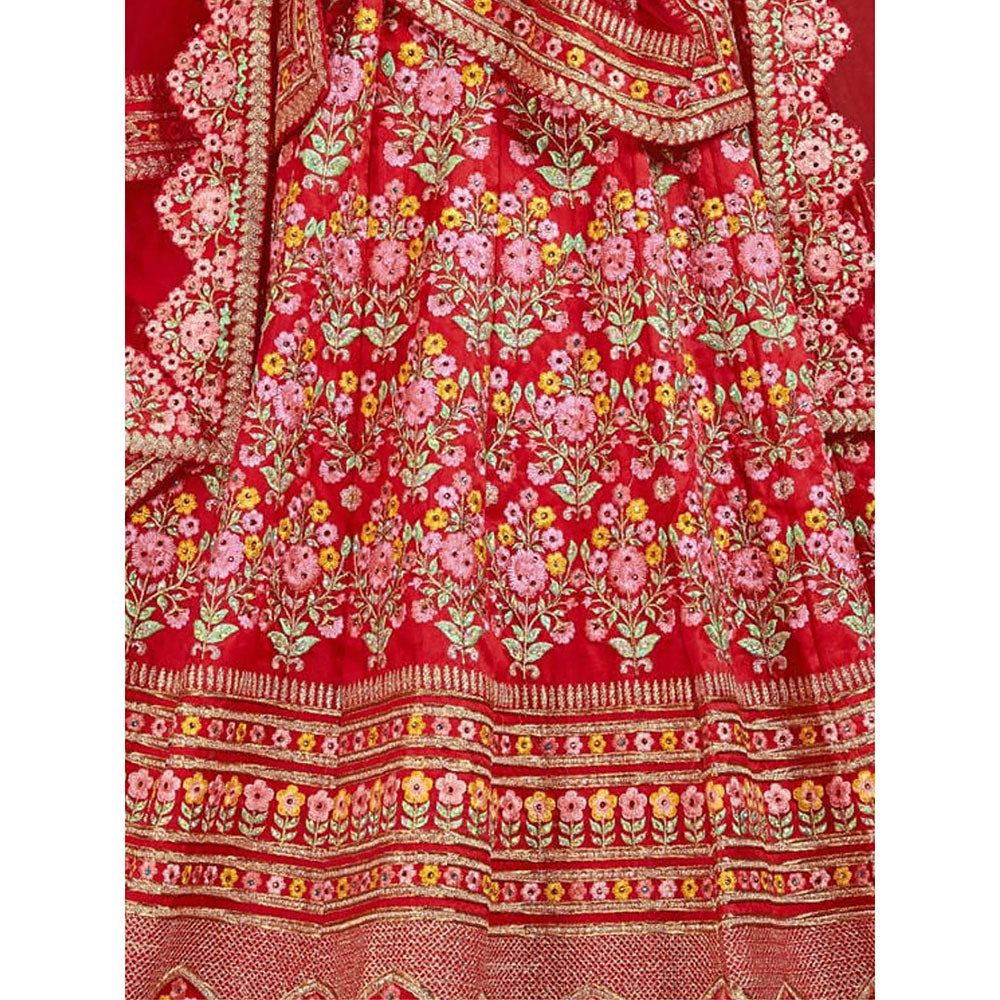 Odette Red Silk Blend Embroidered Semi Stitched Lehenga with Blouse and Dupatta (Set of 4)