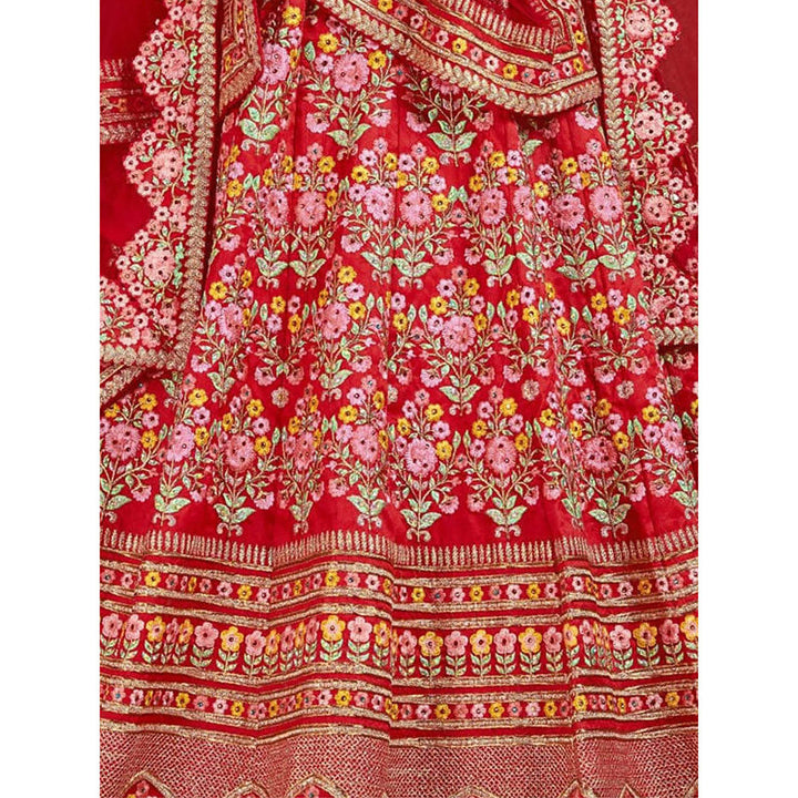 Odette Red Silk Blend Embroidered Semi Stitched Lehenga with Blouse and Dupatta (Set of 4)