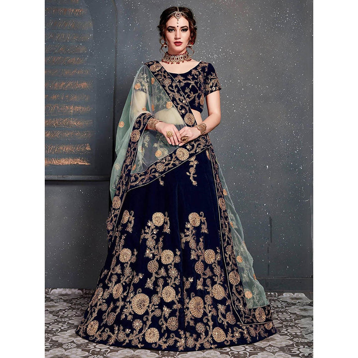 Odette Navy Blue Velvet Embroidered Semi Stitched Lehenga with Blouse and Dupatta (Set of 3)