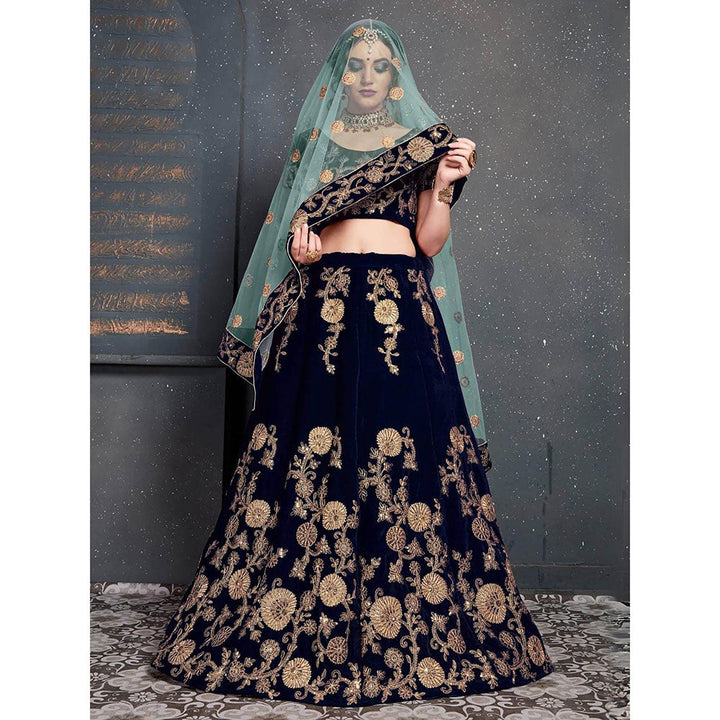 Odette Navy Blue Velvet Embroidered Semi Stitched Lehenga with Blouse and Dupatta (Set of 3)