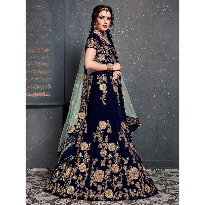 Odette Navy Blue Velvet Embroidered Semi Stitched Lehenga with Blouse and Dupatta (Set of 3)