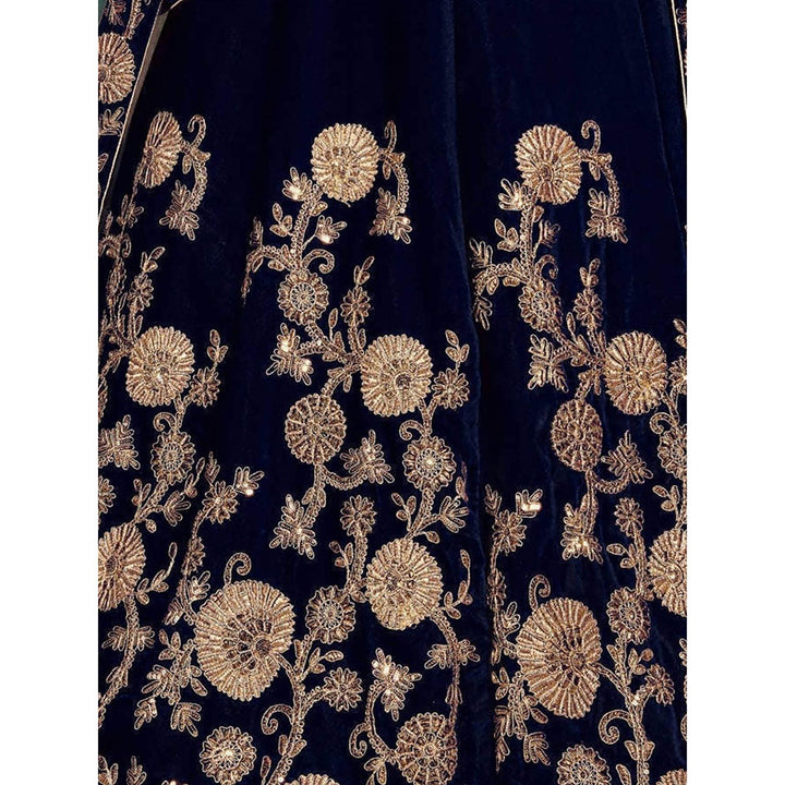 Odette Navy Blue Velvet Embroidered Semi Stitched Lehenga with Blouse and Dupatta (Set of 3)