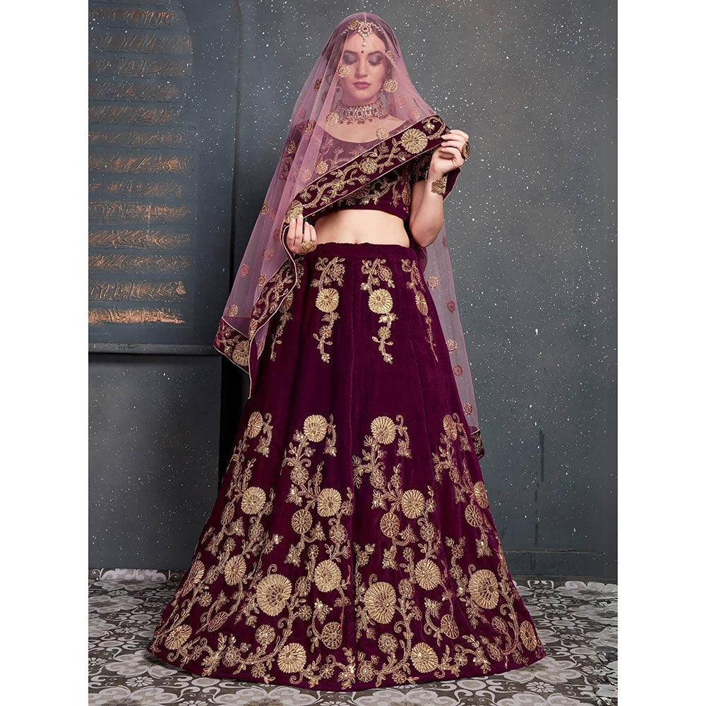 Odette Purple Velvet Embroidered Semi Stitched Lehenga with Blouse and Dupatta (Set of 3)