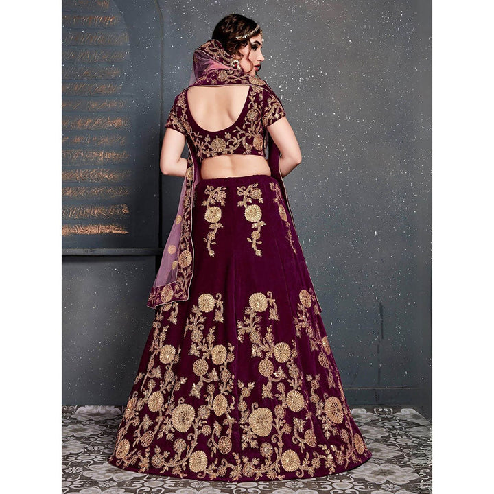 Odette Purple Velvet Embroidered Semi Stitched Lehenga with Blouse and Dupatta (Set of 3)