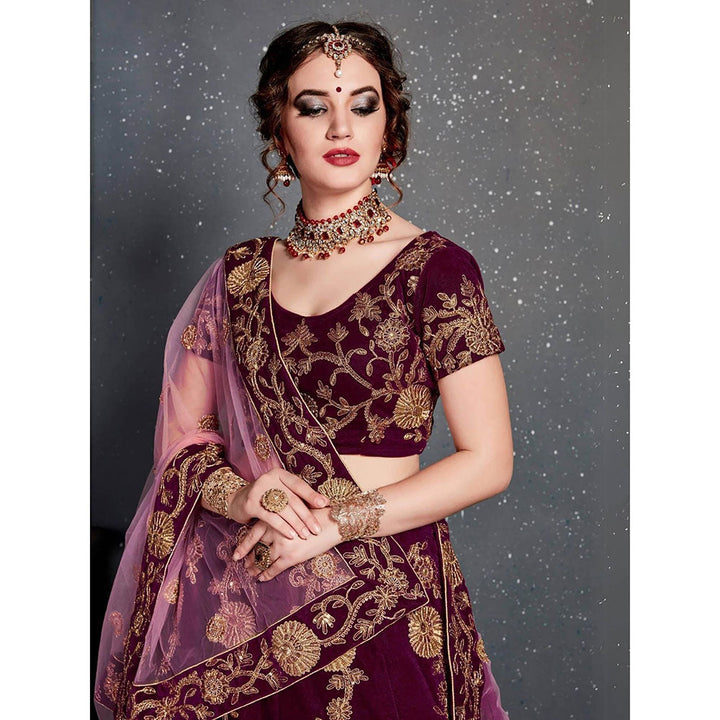 Odette Purple Velvet Embroidered Semi Stitched Lehenga with Blouse and Dupatta (Set of 3)