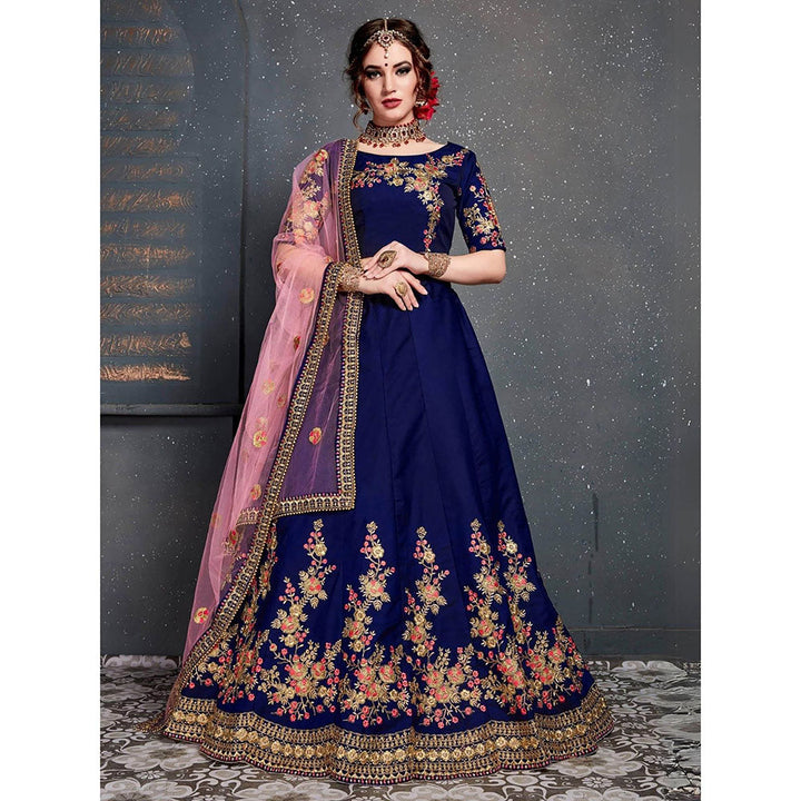 Odette Dark Blue Satin Silk Embroidered Semi Stitched Lehenga with Blouse and Dupatta (Set of 3)