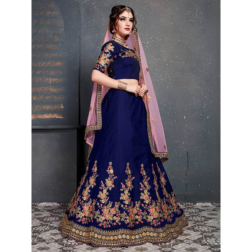 Odette Dark Blue Satin Silk Embroidered Semi Stitched Lehenga with Blouse and Dupatta (Set of 3)