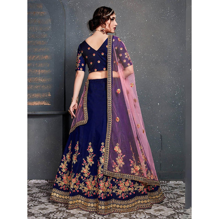 Odette Dark Blue Satin Silk Embroidered Semi Stitched Lehenga with Blouse and Dupatta (Set of 3)