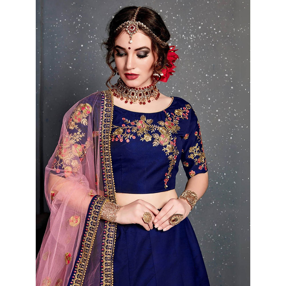 Odette Dark Blue Satin Silk Embroidered Semi Stitched Lehenga with Blouse and Dupatta (Set of 3)