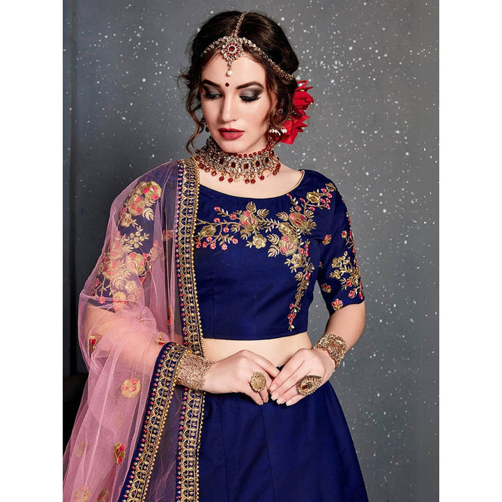 Odette Dark Blue Satin Silk Embroidered Semi Stitched Lehenga with Blouse and Dupatta (Set of 3)