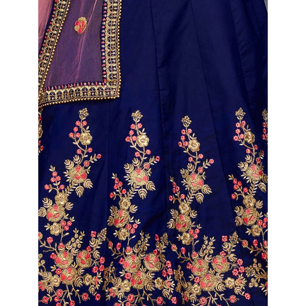 Odette Dark Blue Satin Silk Embroidered Semi Stitched Lehenga with Blouse and Dupatta (Set of 3)