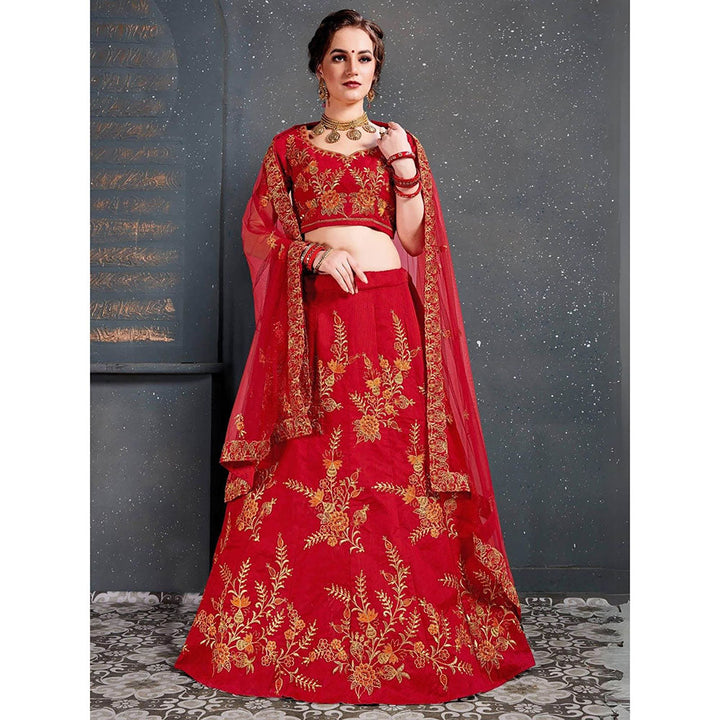 Odette Red Silk Blend Embroidered Semi Stitched Lehenga with Blouse and Dupatta (Set of 3)