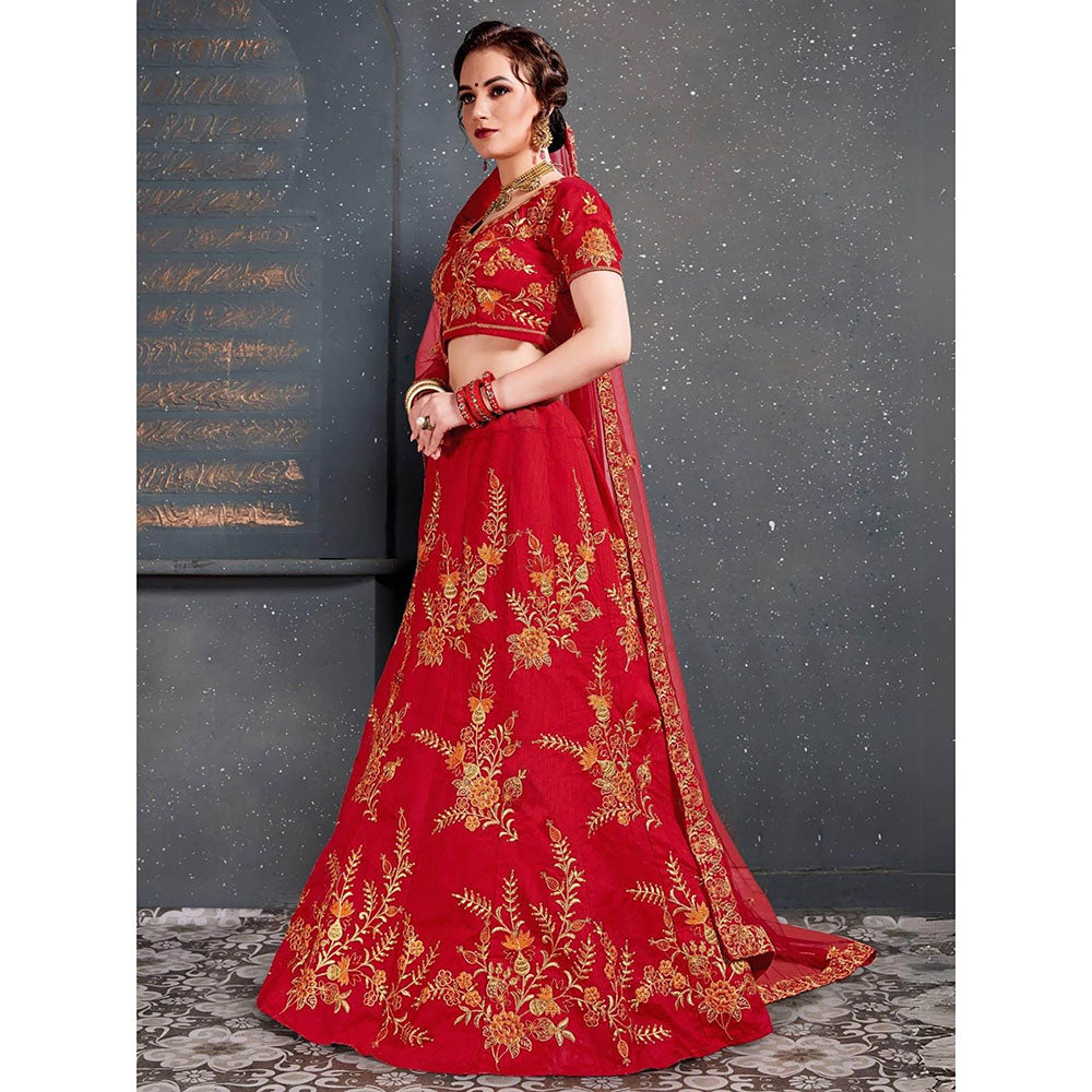 Odette Red Silk Blend Embroidered Semi Stitched Lehenga with Blouse and Dupatta (Set of 3)