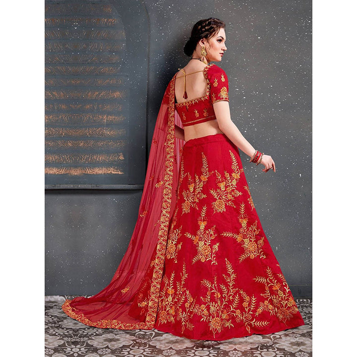 Odette Red Silk Blend Embroidered Semi Stitched Lehenga with Blouse and Dupatta (Set of 3)