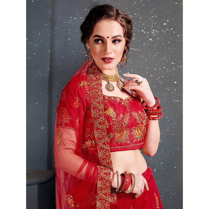 Odette Red Silk Blend Embroidered Semi Stitched Lehenga with Blouse and Dupatta (Set of 3)