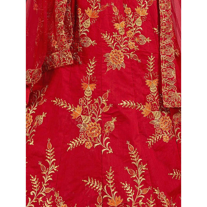 Odette Red Silk Blend Embroidered Semi Stitched Lehenga with Blouse and Dupatta (Set of 3)