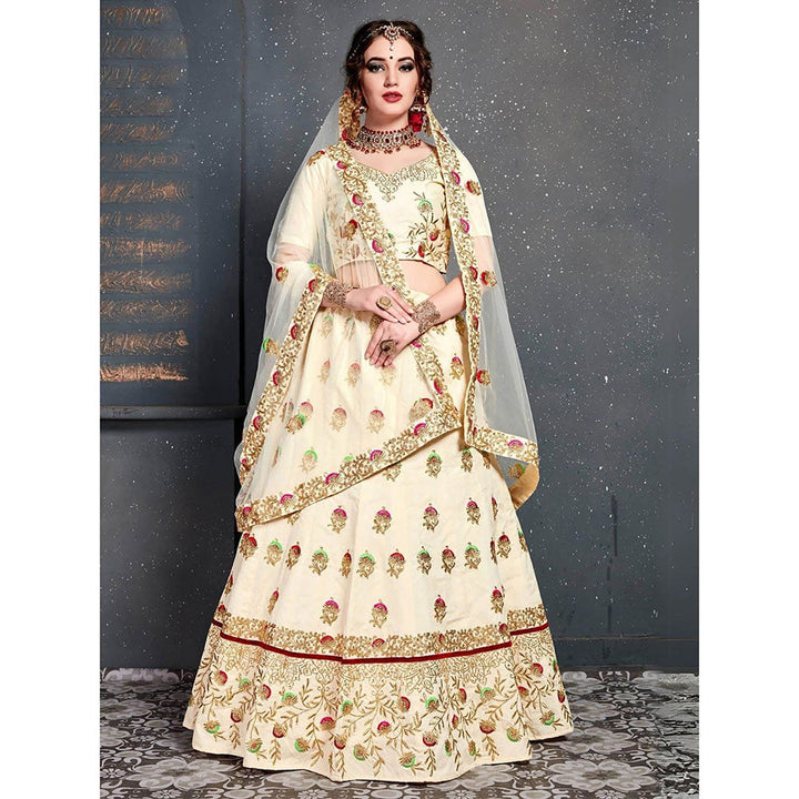 Odette Cream Silk Blend Embroidered Semi Stitched Lehenga with Blouse and Dupatta (Set of 3)