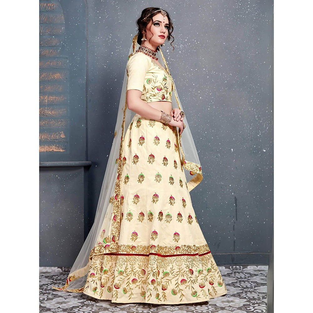 Odette Cream Silk Blend Embroidered Semi Stitched Lehenga with Blouse and Dupatta (Set of 3)