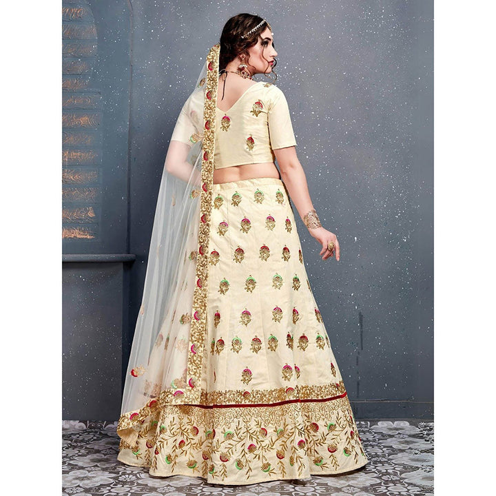 Odette Cream Silk Blend Embroidered Semi Stitched Lehenga with Blouse and Dupatta (Set of 3)