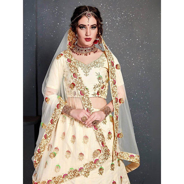 Odette Cream Silk Blend Embroidered Semi Stitched Lehenga with Blouse and Dupatta (Set of 3)