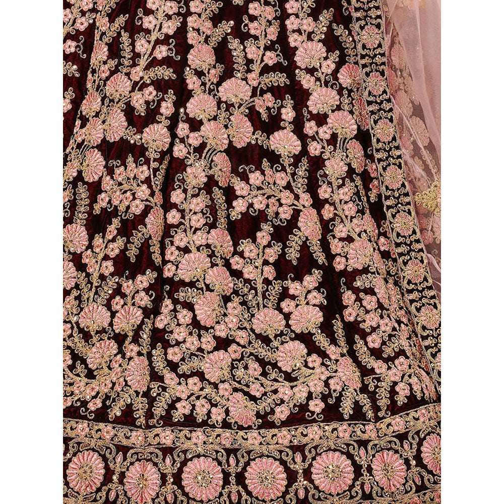 Odette Maroon Velvet Embroidered Semi Stitched Lehenga with Blouse and Dupatta (Set of 3)