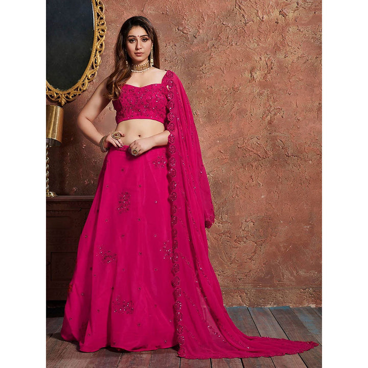 Odette Pink Embroidered Semi Stitched Lehenga with Blouse and Dupatta (Set of 3)