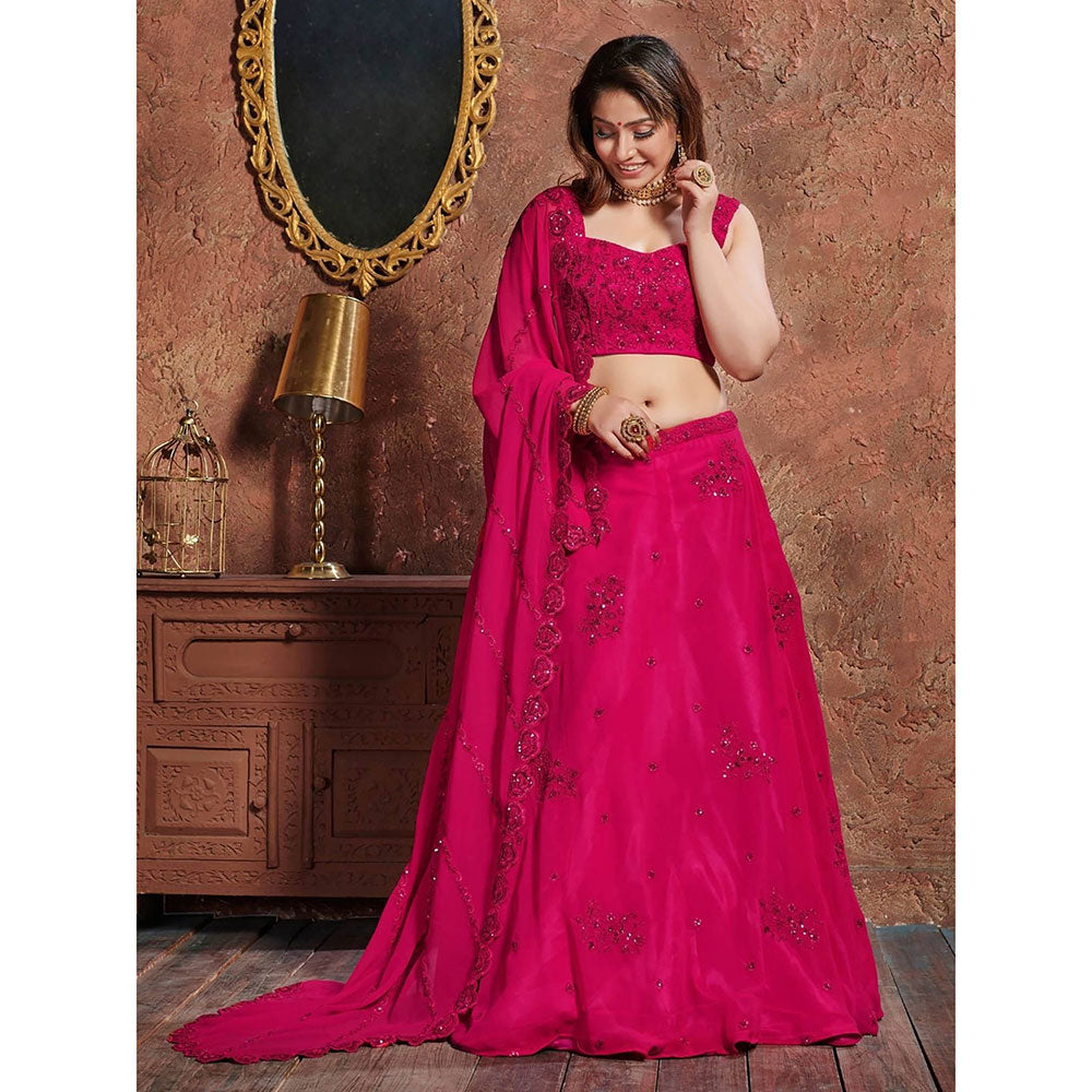 Odette Pink Embroidered Semi Stitched Lehenga with Blouse and Dupatta (Set of 3)