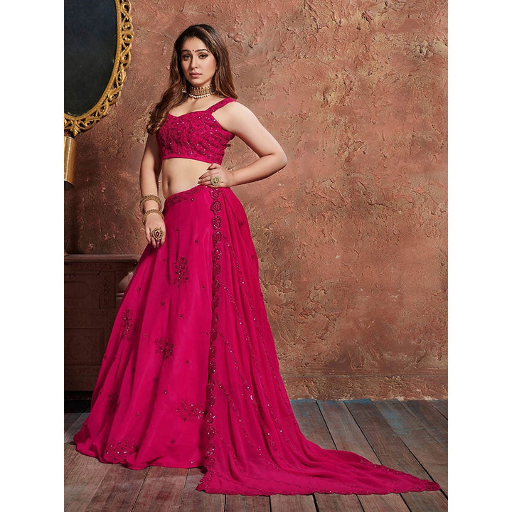 Odette Pink Embroidered Semi Stitched Lehenga with Blouse and Dupatta (Set of 3)