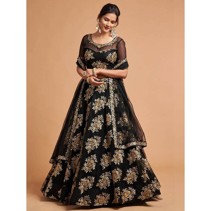 Odette Black and Gold Soft Net Embroidered Semi Stitched Lehenga with Blouse and Dupatta (Set of 3)