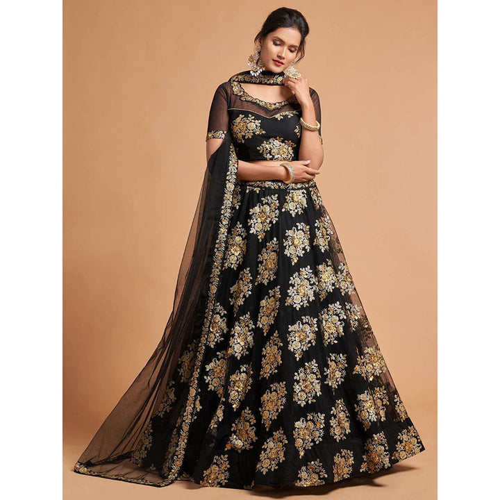 Odette Black and Gold Soft Net Embroidered Semi Stitched Lehenga with Blouse and Dupatta (Set of 3)