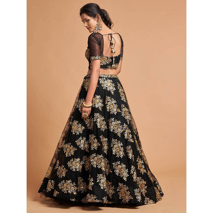 Odette Black and Gold Soft Net Embroidered Semi Stitched Lehenga with Blouse and Dupatta (Set of 3)