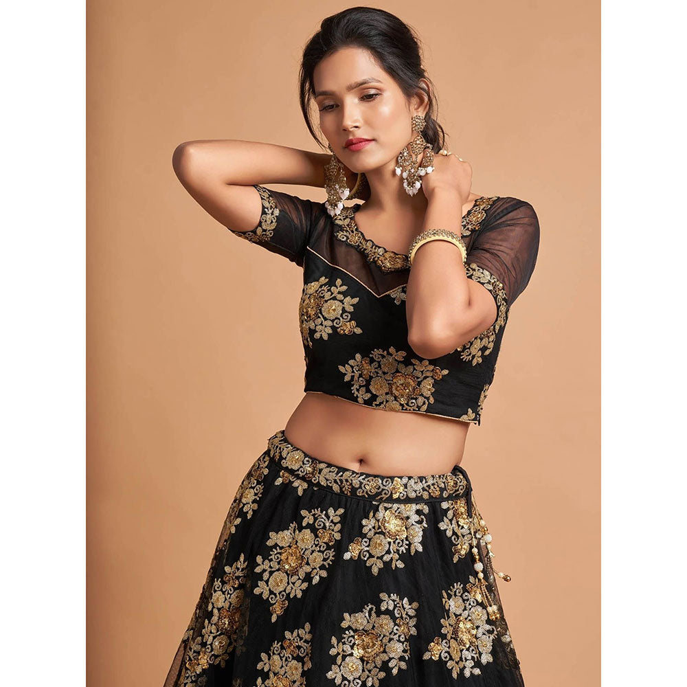 Odette Black and Gold Soft Net Embroidered Semi Stitched Lehenga with Blouse and Dupatta (Set of 3)