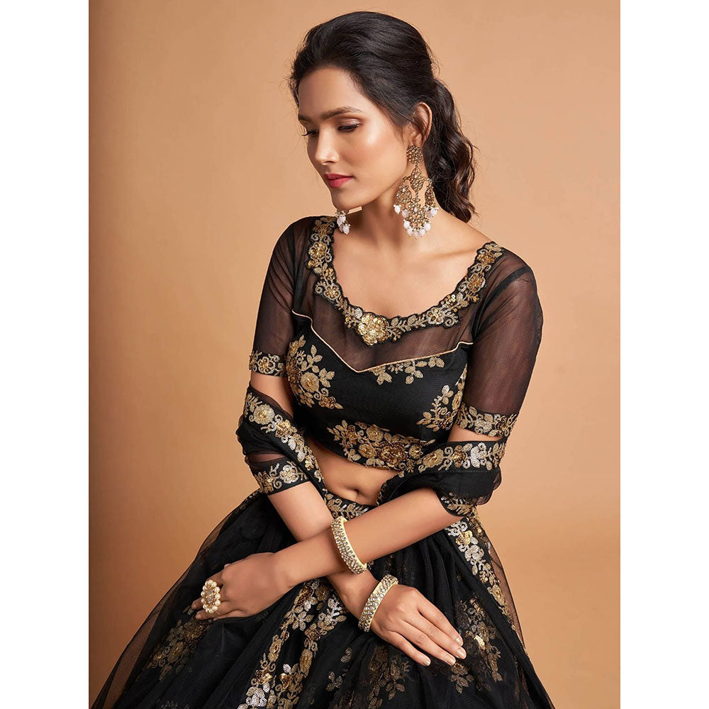 Odette Black and Gold Soft Net Embroidered Semi Stitched Lehenga with Blouse and Dupatta (Set of 3)