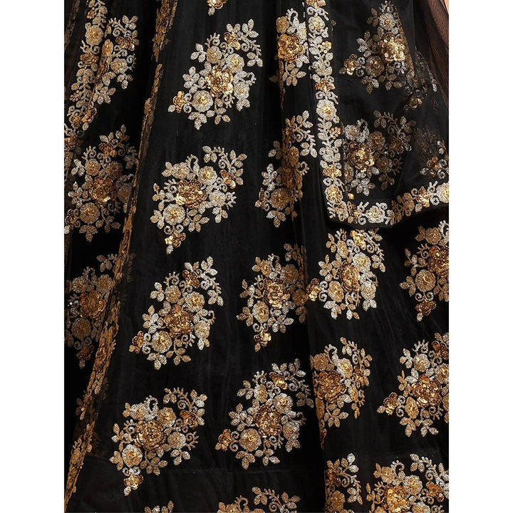 Odette Black and Gold Soft Net Embroidered Semi Stitched Lehenga with Blouse and Dupatta (Set of 3)