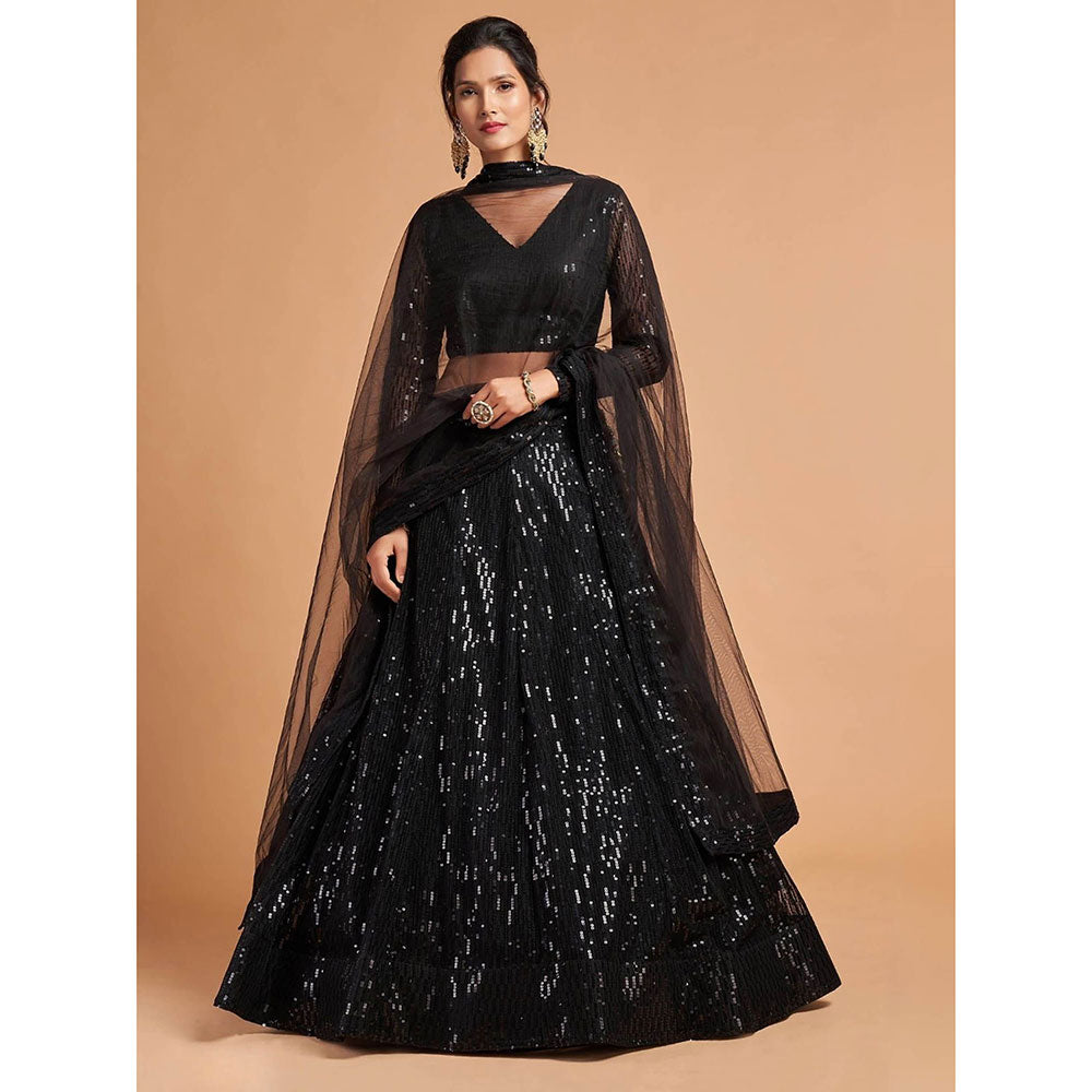 Odette Black Soft Net Embroidered Semi Stitched Lehenga with Blouse and Dupatta (Set of 3)