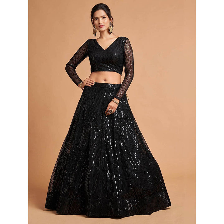 Odette Black Soft Net Embroidered Semi Stitched Lehenga with Blouse and Dupatta (Set of 3)