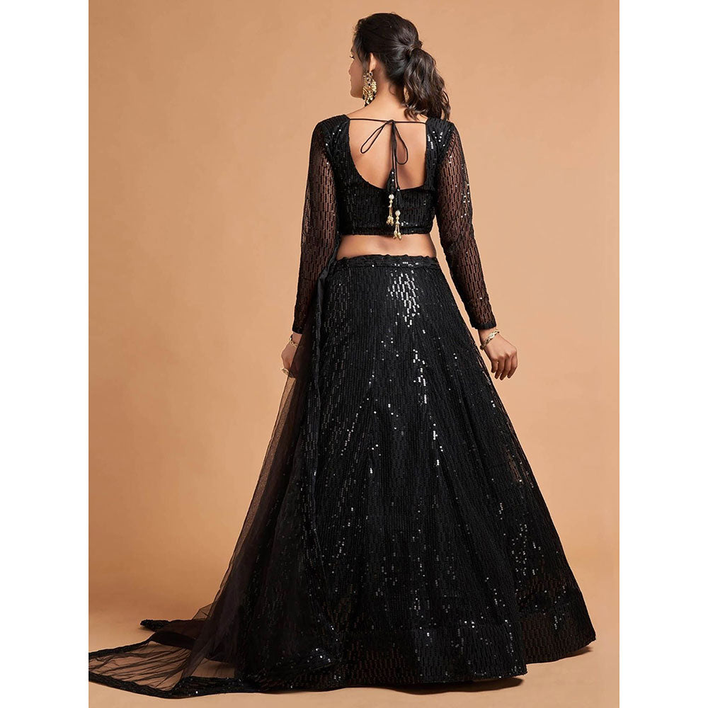 Odette Black Soft Net Embroidered Semi Stitched Lehenga with Blouse and Dupatta (Set of 3)