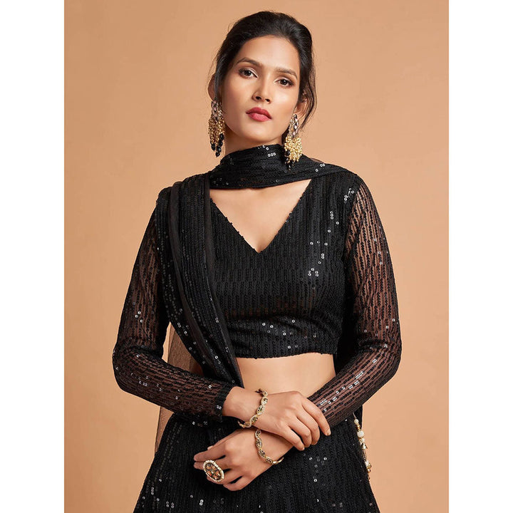 Odette Black Soft Net Embroidered Semi Stitched Lehenga with Blouse and Dupatta (Set of 3)