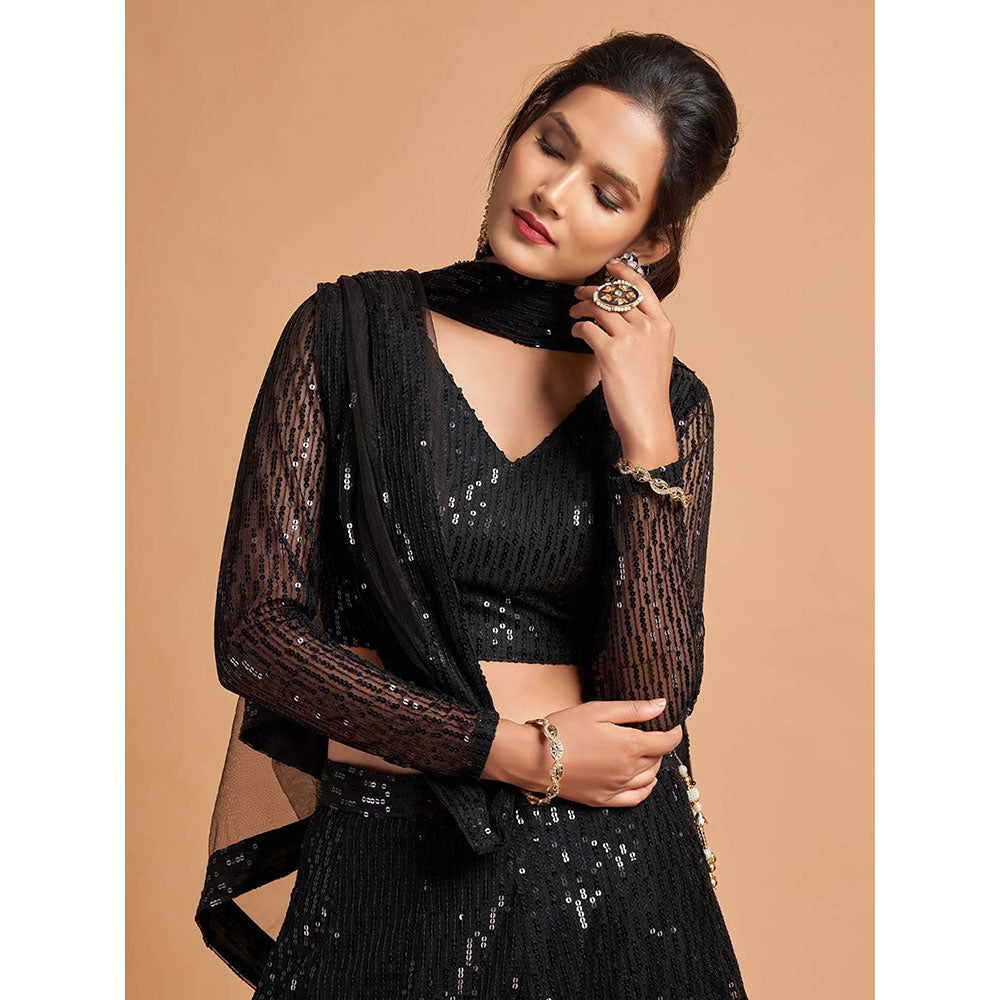 Odette Black Soft Net Embroidered Semi Stitched Lehenga with Blouse and Dupatta (Set of 3)