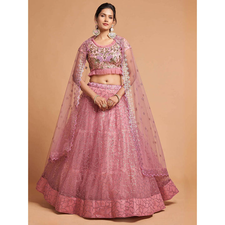 Odette Pink Soft Net Embroidered Semi Stitched Lehenga with Blouse and Dupatta (Set of 3)