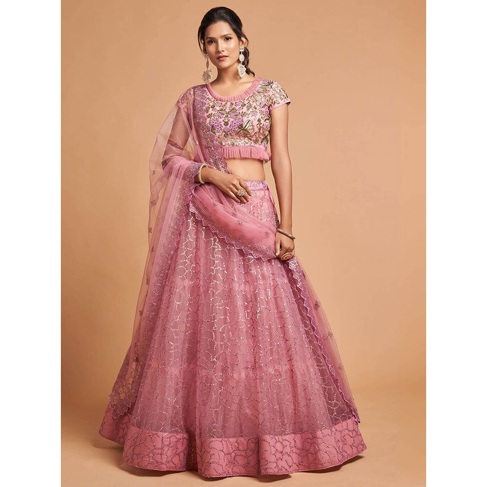 Odette Pink Soft Net Embroidered Semi Stitched Lehenga with Blouse and Dupatta (Set of 3)