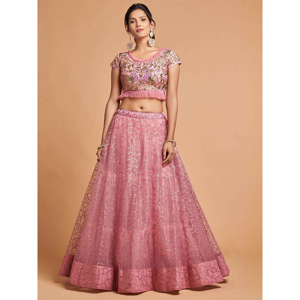 Odette Pink Soft Net Embroidered Semi Stitched Lehenga with Blouse and Dupatta (Set of 3)