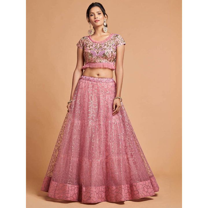 Odette Pink Soft Net Embroidered Semi Stitched Lehenga with Blouse and Dupatta (Set of 3)