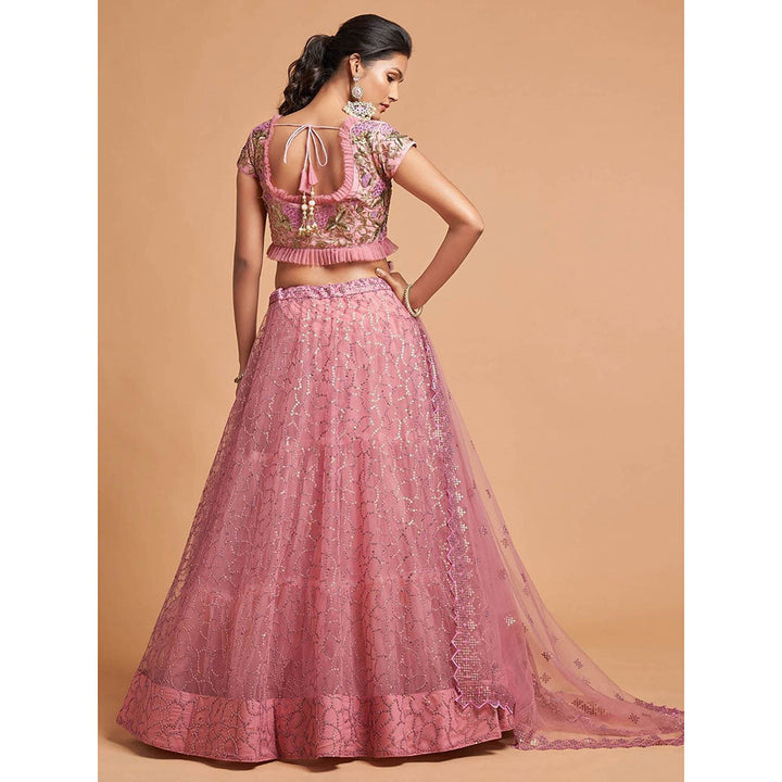 Odette Pink Soft Net Embroidered Semi Stitched Lehenga with Blouse and Dupatta (Set of 3)